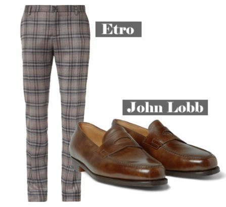 Etro格纹长裤+John Lobb棕色皮鞋