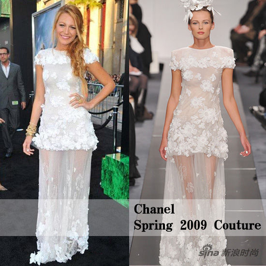 Blake身穿Chanel 2009春夏款白色花朵透视裙